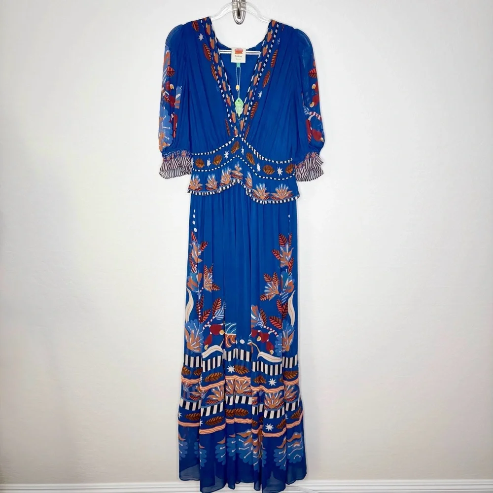Farm Rio Nature Beauty Maxi Dress Blue Boho Print Short Sleeve Size Large NWT - Picture 2 of 12